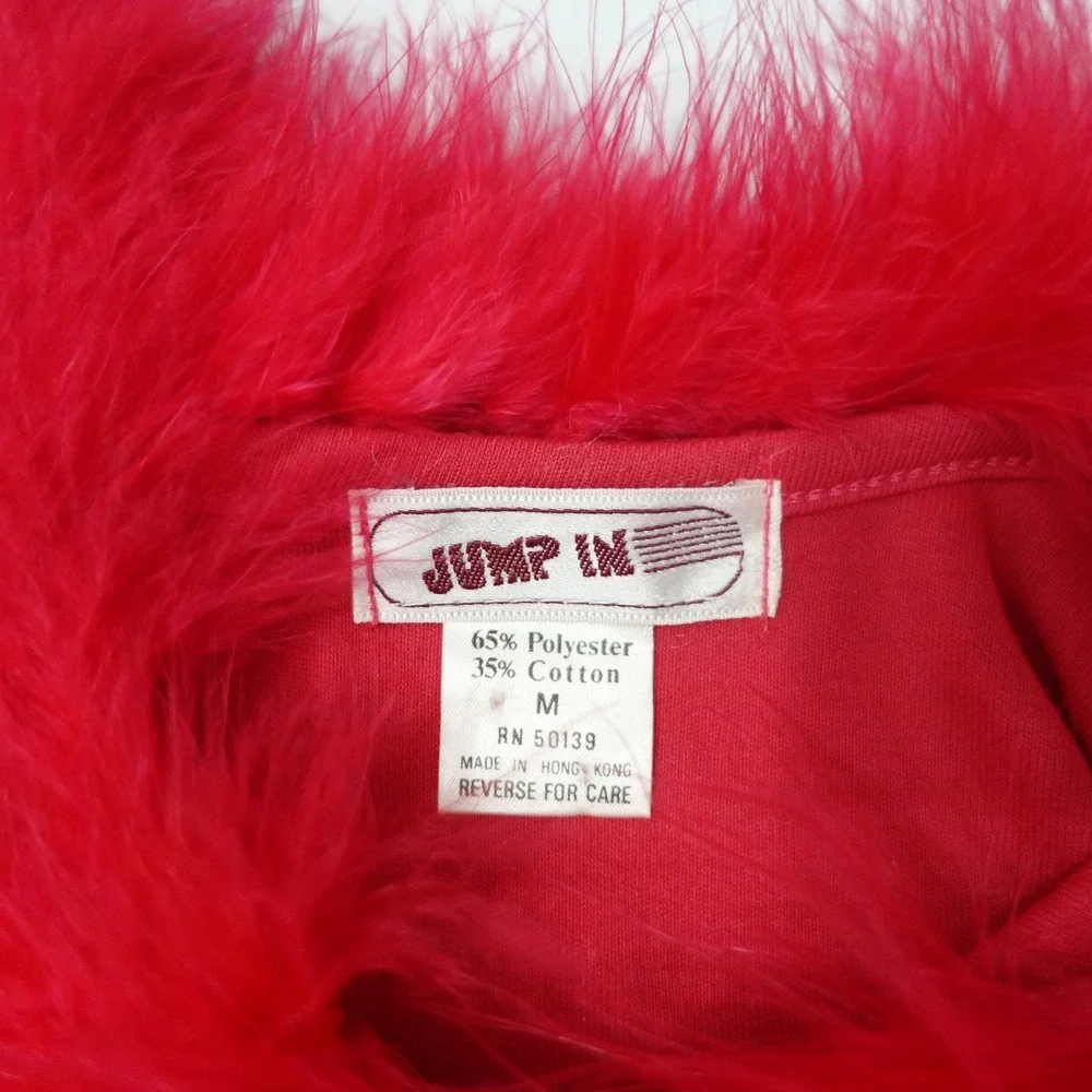 Vintage 80s Top Womens Medium Red Hot Pink Feather Trim‎ Collar Boa Retro Funky